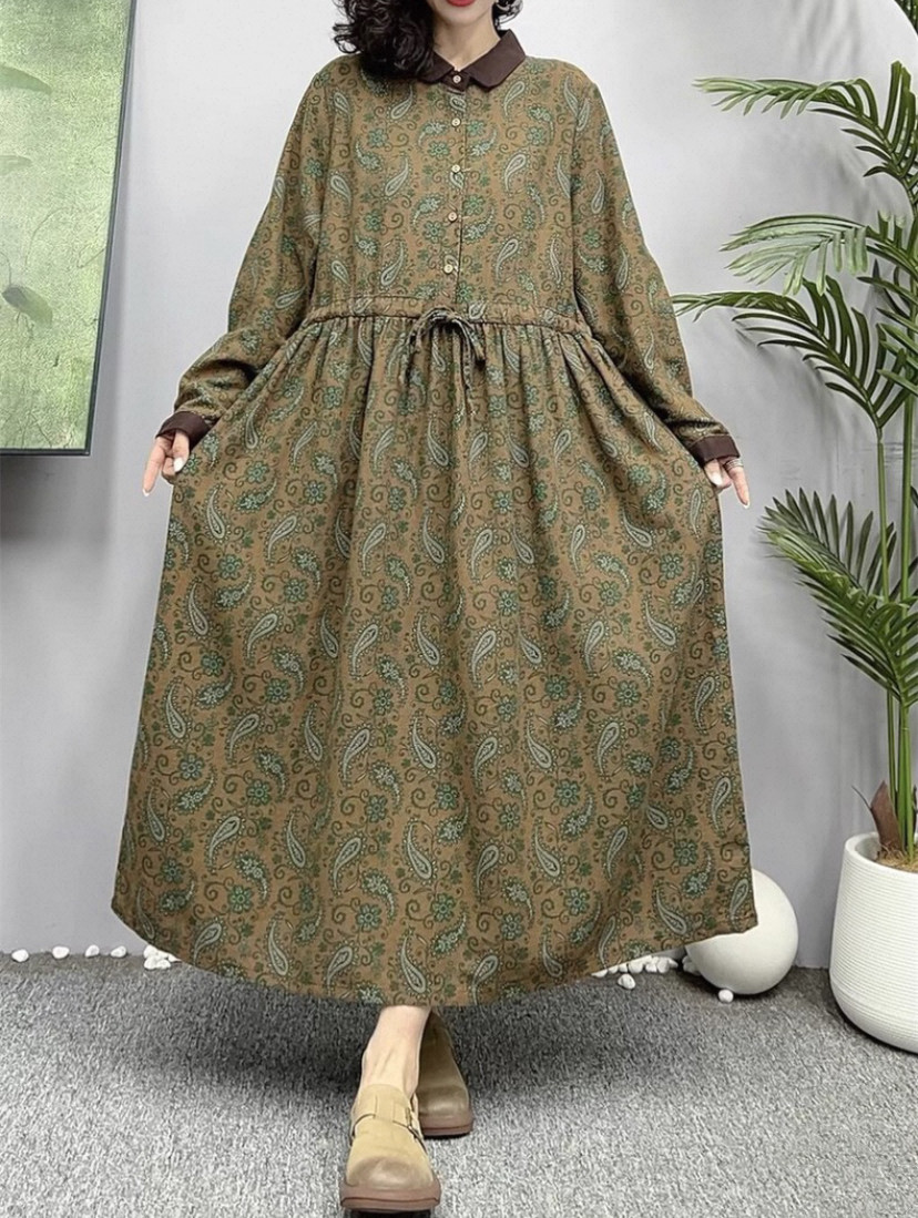 春、秋、綿麻ワンピース・長袖・ポケット付き 5,170円