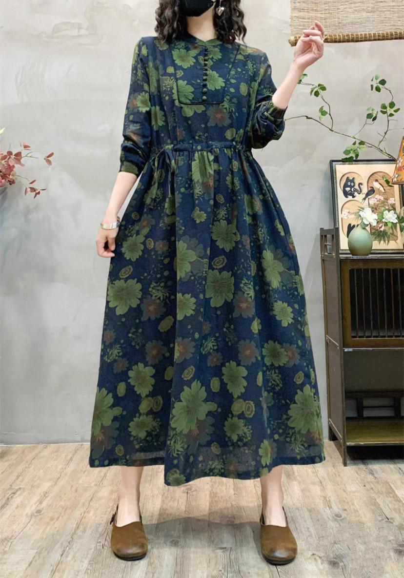 春、秋、綿麻ワンピース・長袖・ポケット付き