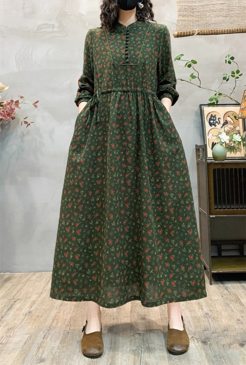 春、秋、綿麻ワンピース・長袖・ポケット付き