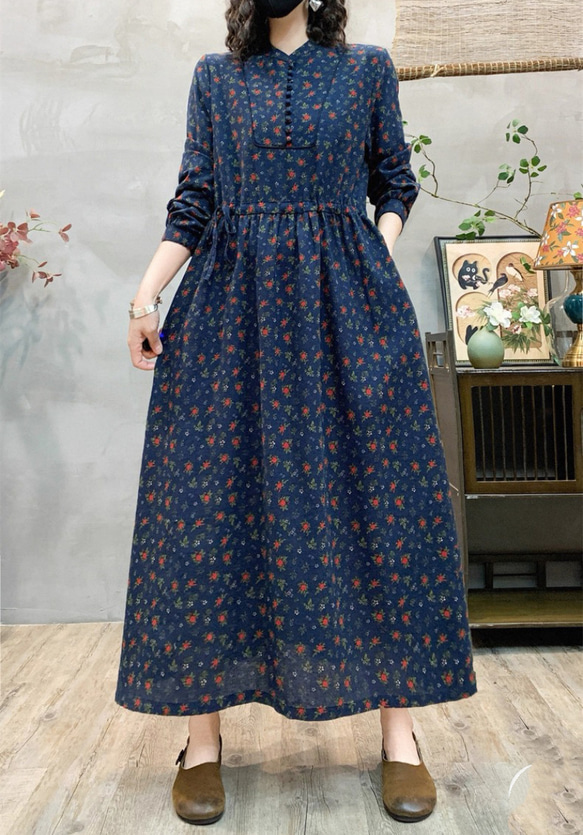 春、秋、綿麻ワンピース・長袖・ポケット付き ワンピース KTUMSM 通販