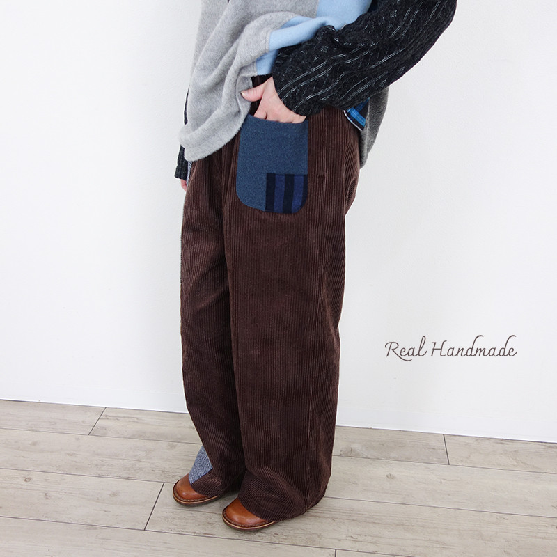 コーデュロイとグレンチェックのトーンミックスワイドパンツ