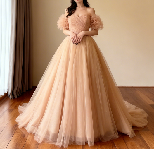 上品！カラードレス シャンパン色 ベアトップ フリル袖 フレアスカート 大人っぽい 披露宴