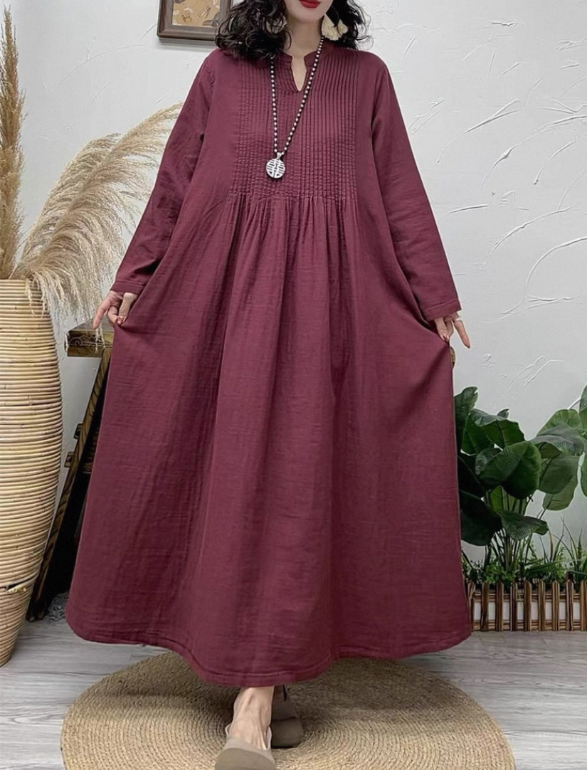 春、秋、綿麻ワンピース・長袖・ポケット付き