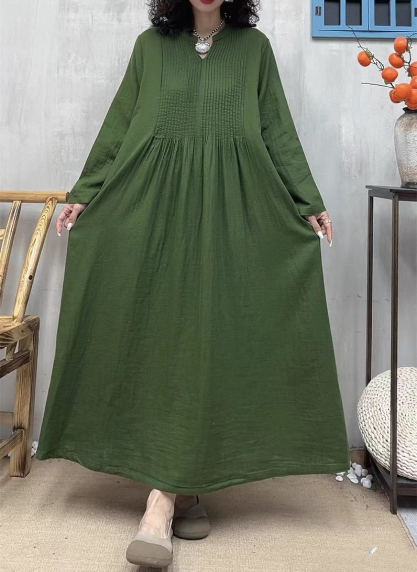 春、秋、綿麻ワンピース・長袖・ポケット付き