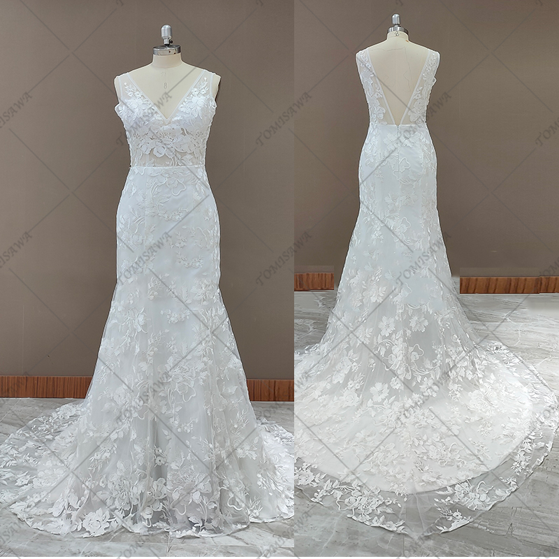 総レース Vネック マーメイドライン ウェディングドレス 二次会 結婚式ドレ F116-1