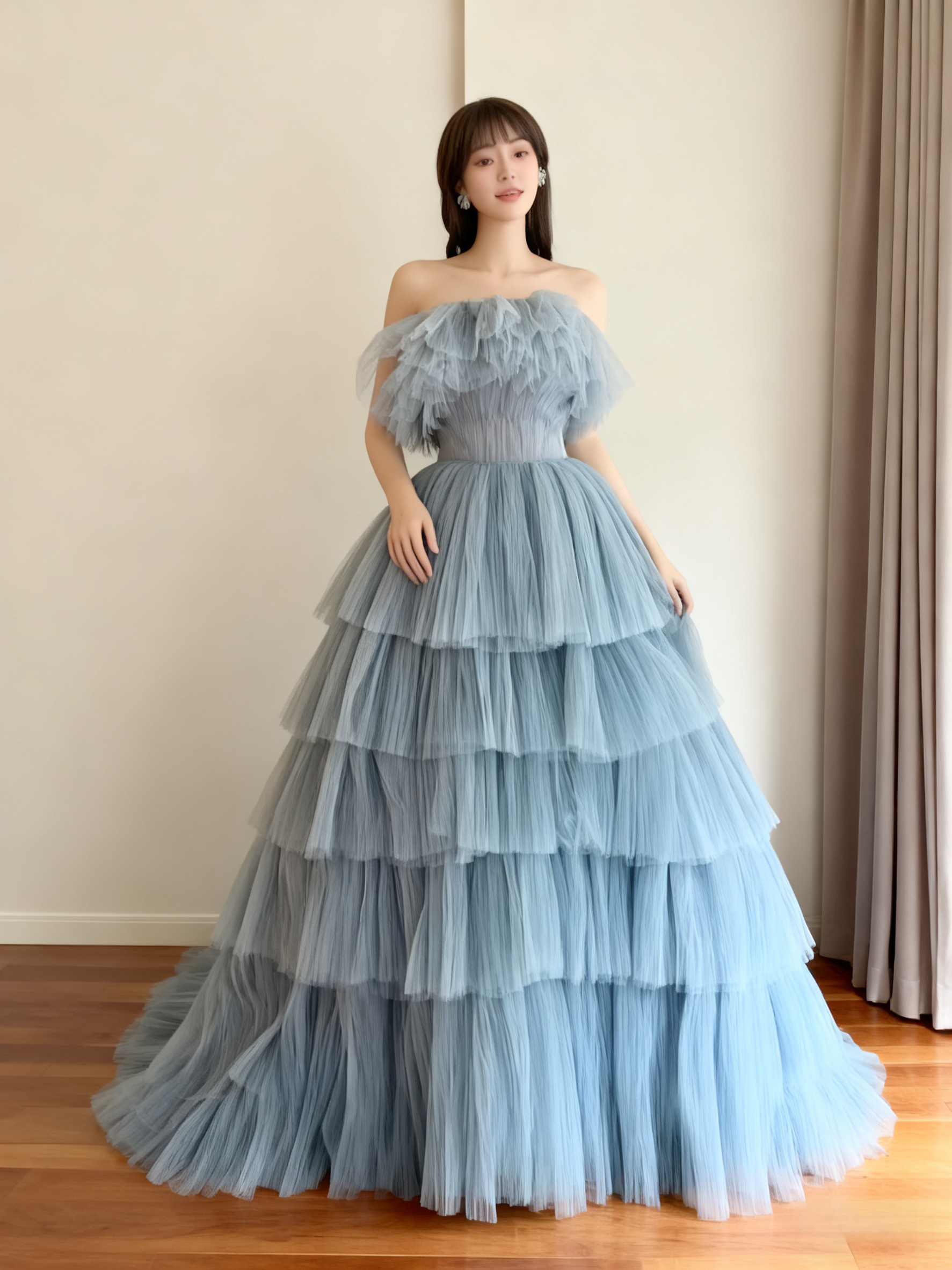 カラードレス ブルー ベアトップ プリーツスカート 柔らかく重ねたチュールスカート 前撮り