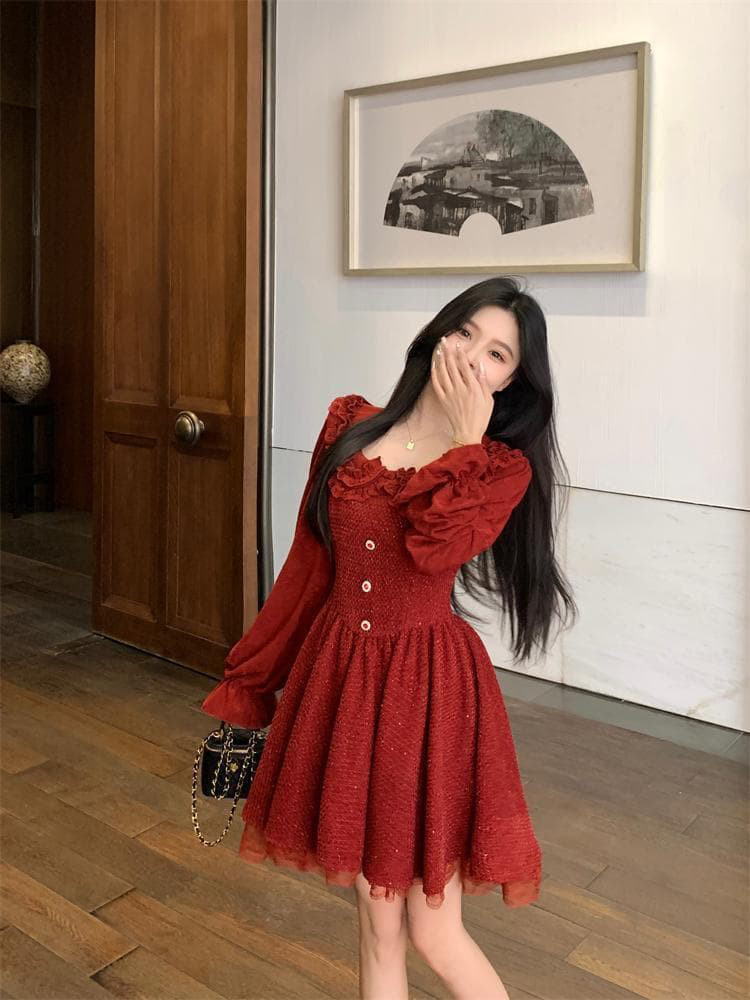 新品 大きいサイズ赤 フリル ツイード ワンピース長袖ミニ丈韓国秋冬レディースf 5,985円