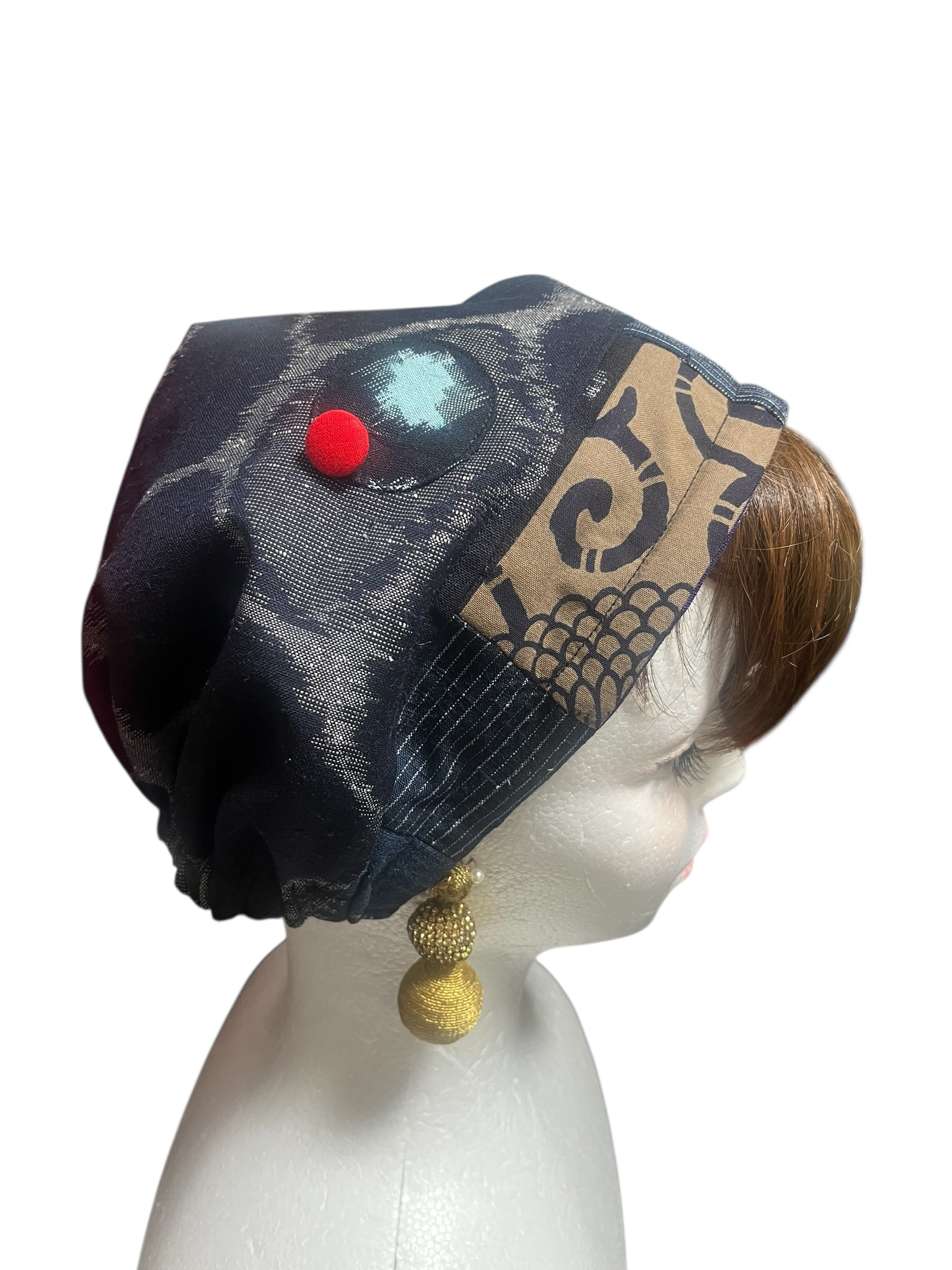 送料無料 着物 リメイク 藍染 絣 木綿 古布 柿渋染 型染め 紬キャップターバン リバーシブル ハンドメイド