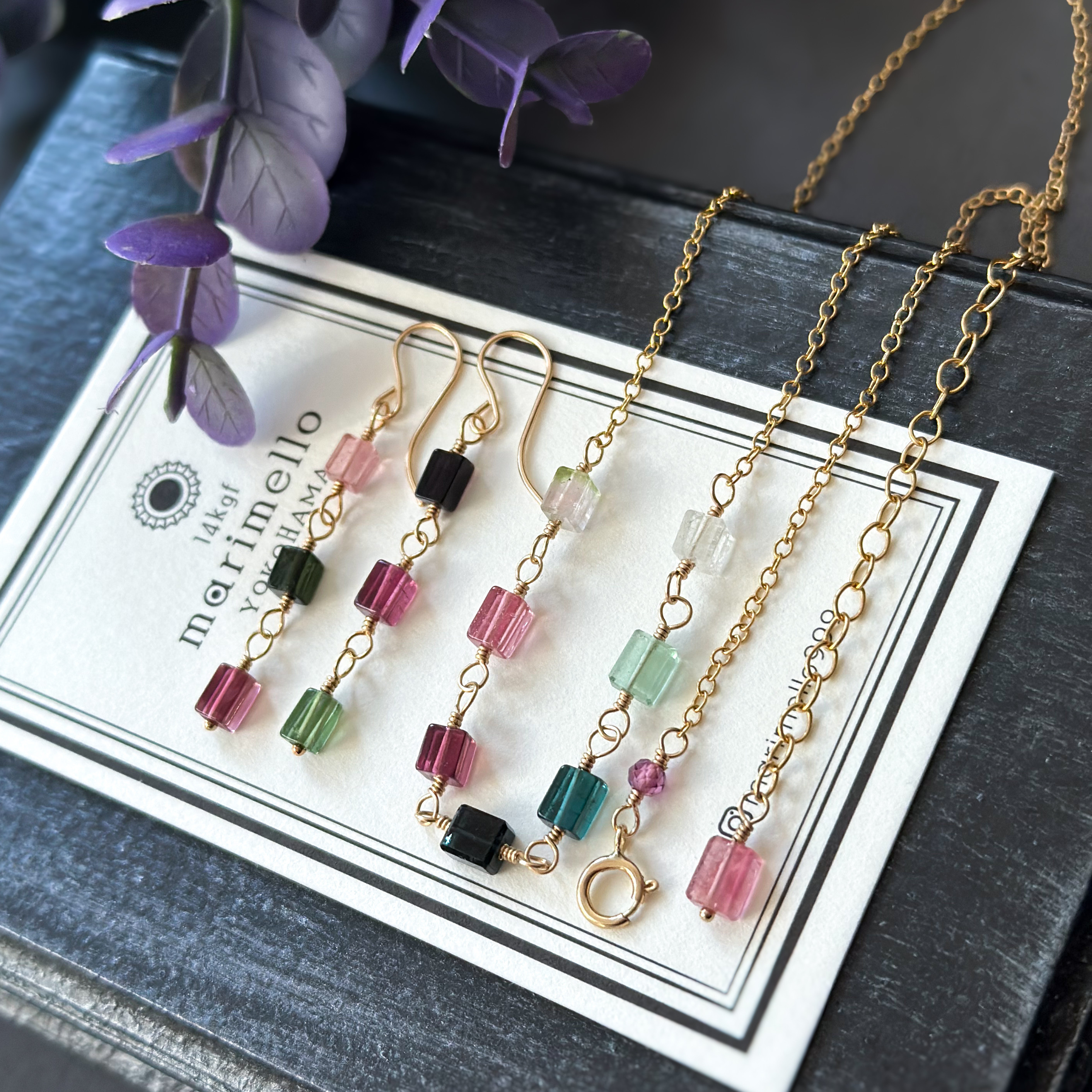 マルチカラートルマリンのピアス＆ネックレスセット／イヤリング*天然石*14kgf