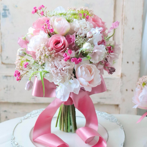 ピンク　ウェディングブーケ，ブートニアセット ウェディングブーケ ブートニアセット ピンクブーケ ニュアンスブーケ