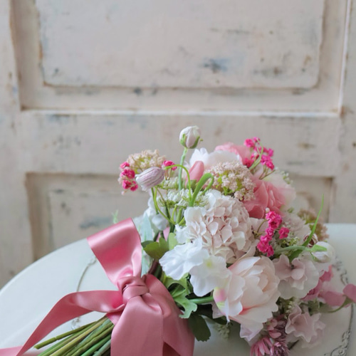 【値下げ可】ウェディングブーケ ピンク フープブーケ ウェディングブーケ 手作りキット 造花 ピンク ラウンドブーケ clara