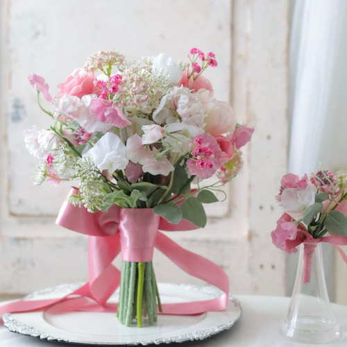 【値下げ可】ウェディングブーケ ピンク フープブーケ ウェディングブーケ 手作りキット 造花 ピンク ラウンドブーケ clara