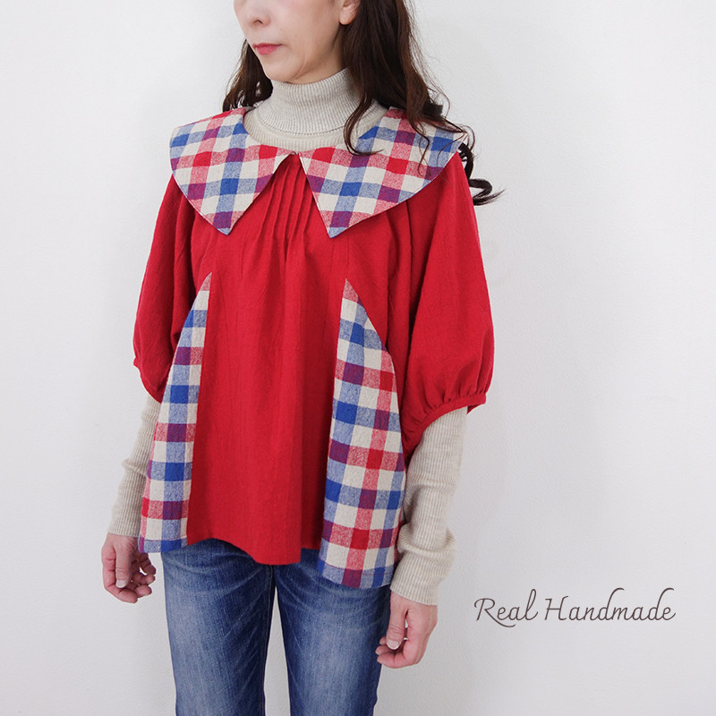 クラシカルカラーのブリリアンレッド・ドルマンブラウス -トリコロールチェック- 9,892円