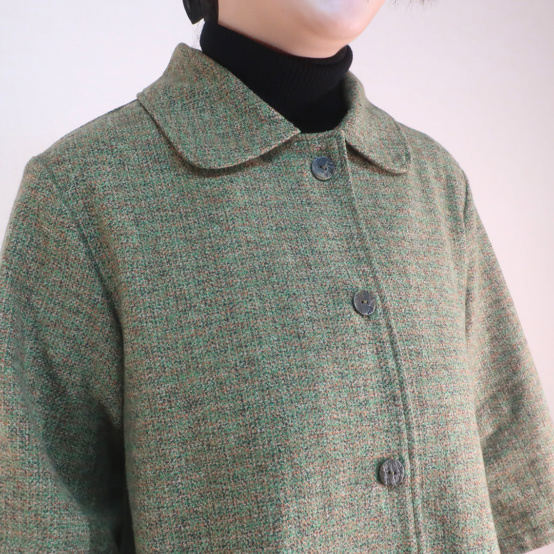入・卒業式 春まで使える ゆったり暖か ステンカラージャケット（コットンツイード／ライトグリーン柄物）