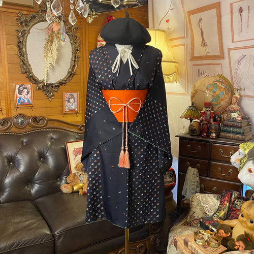 着物リメイク ワンピース ドレス ミニミディ 洗える 化繊 帯ベルト