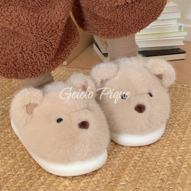 和風 ふわふわ小熊スリッパ 男女兼用 カップル向け 冬用 包み込みヒール 滑り止め モコモコ室内用