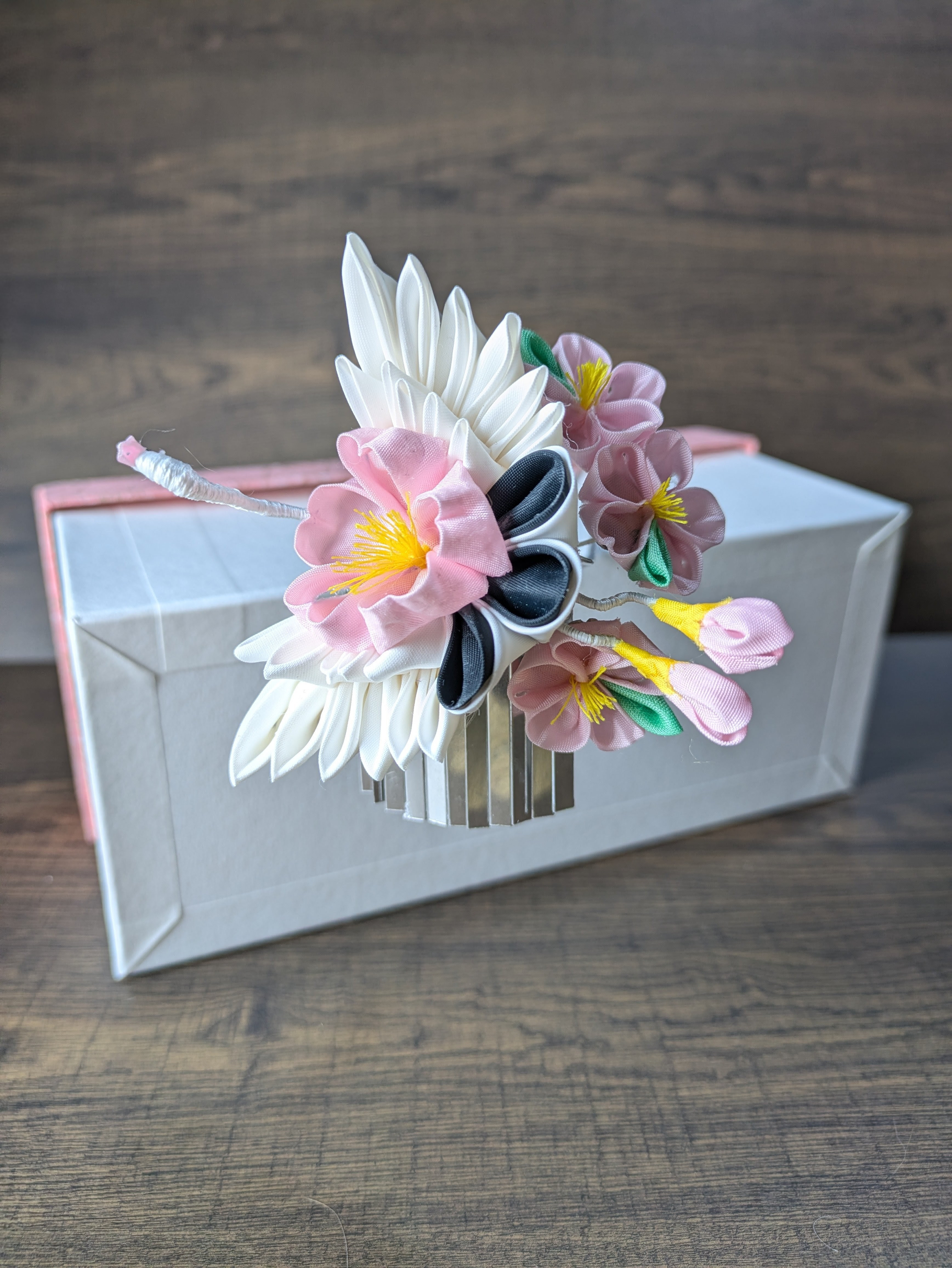 北斎の絵から製作したつまみ細工簪 花鶴 桜 かんざし 成人式 髪飾り