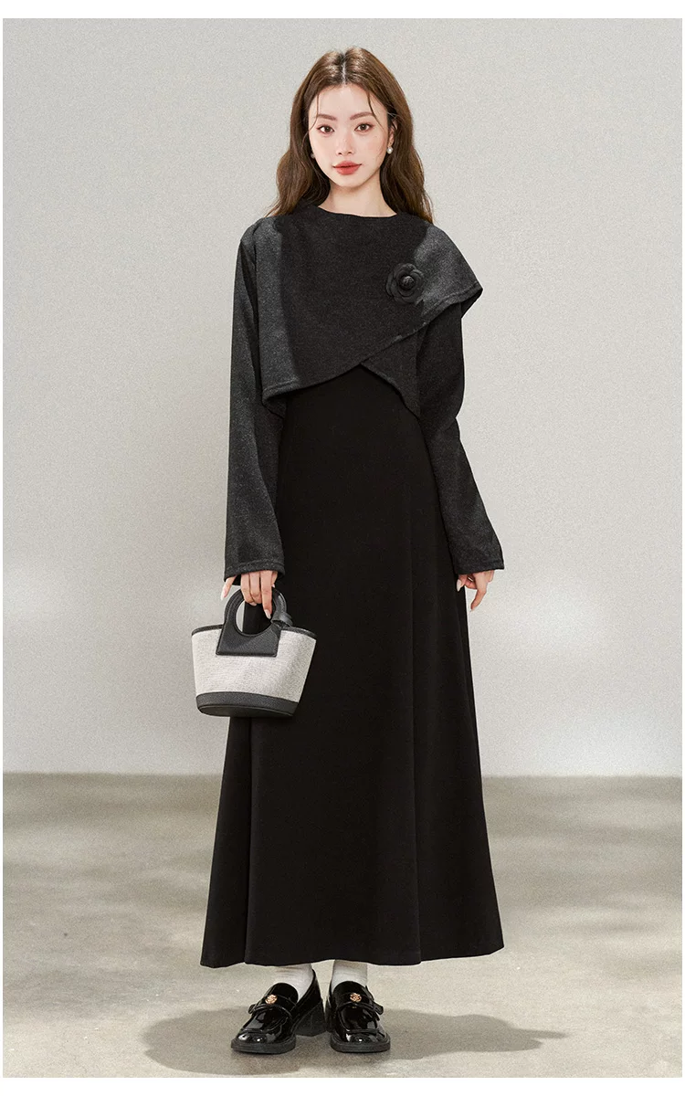 カーディガン トレーナー コート ジャケット 裏起毛 秋冬黒ふわふわ裏起毛ニットフード付きロングコート 受注制作 通勤