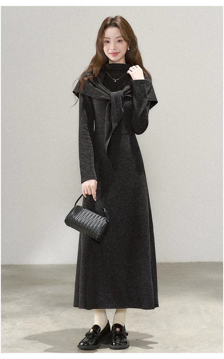 カーディガン トレーナー コート ジャケット 裏起毛 秋冬黒ふわふわ裏起毛ニットフード付きロングコート 受注制作 通勤