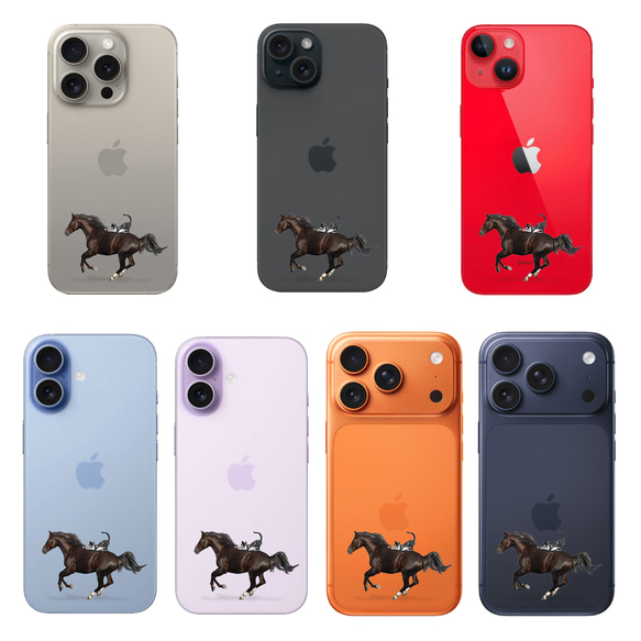 馬和貓圖案iPhone手機殼，透明，適用於iPhone 17+，單點設計，相容於安卓系統 第9張的照片
