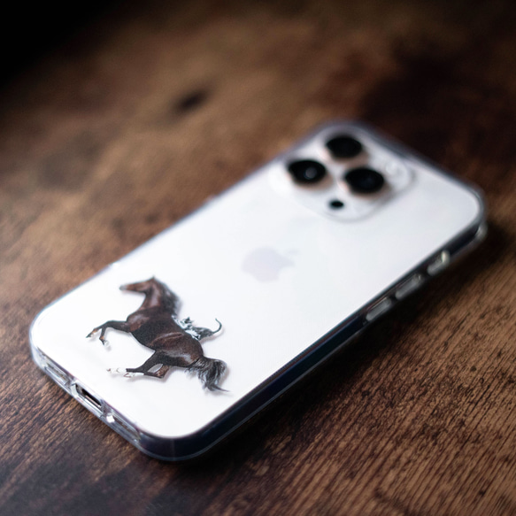 馬和貓圖案iPhone手機殼，透明，適用於iPhone 17+，單點設計，相容於安卓系統 第3張的照片