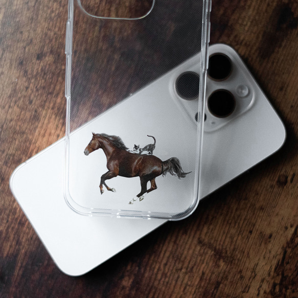 馬和貓圖案iPhone手機殼，透明，適用於iPhone 17+，單點設計，相容於安卓系統 第8張的照片