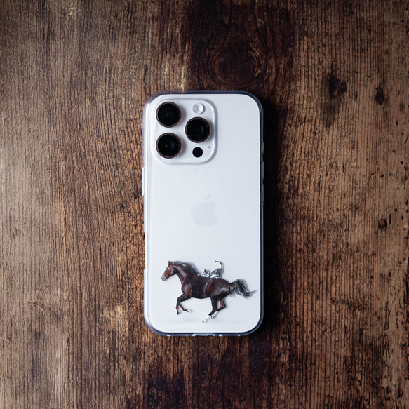 馬和貓圖案iPhone手機殼，透明，適用於iPhone 17+，單點設計，相容於安卓系統 第1張的照片
