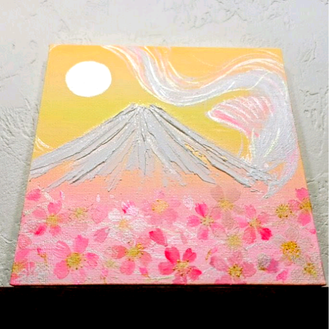 ★原画◎風水幸せ絵画　光風巡縁　龍と鳳凰＊白富士と桜＊富士と花々が彩るアート 今月の一点もの 卒業祝い　春の花　ピンク