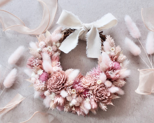 一点物・一点物・くすみピンクのミニフラワーリース │ ドライ