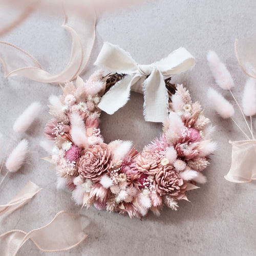 一点物・一点物・くすみピンクのミニフラワーリース │ ドライ