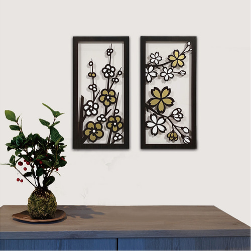 花摘み　壁掛けアート 壁掛け 切り絵 透過アート【寿ぎの春 梅と桜 2枚組 v3】木目 アート