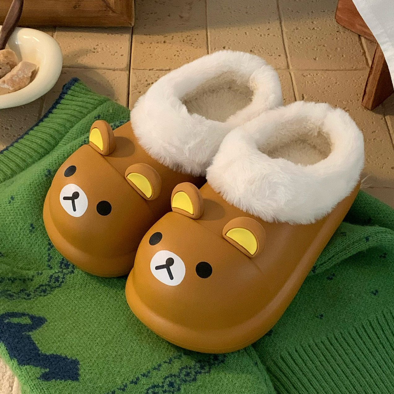 冬用 くま柄 防水 滑り止め モコモコスリッパ レディース 裏起毛 暖かい 室内外両用 ハウスシューズ