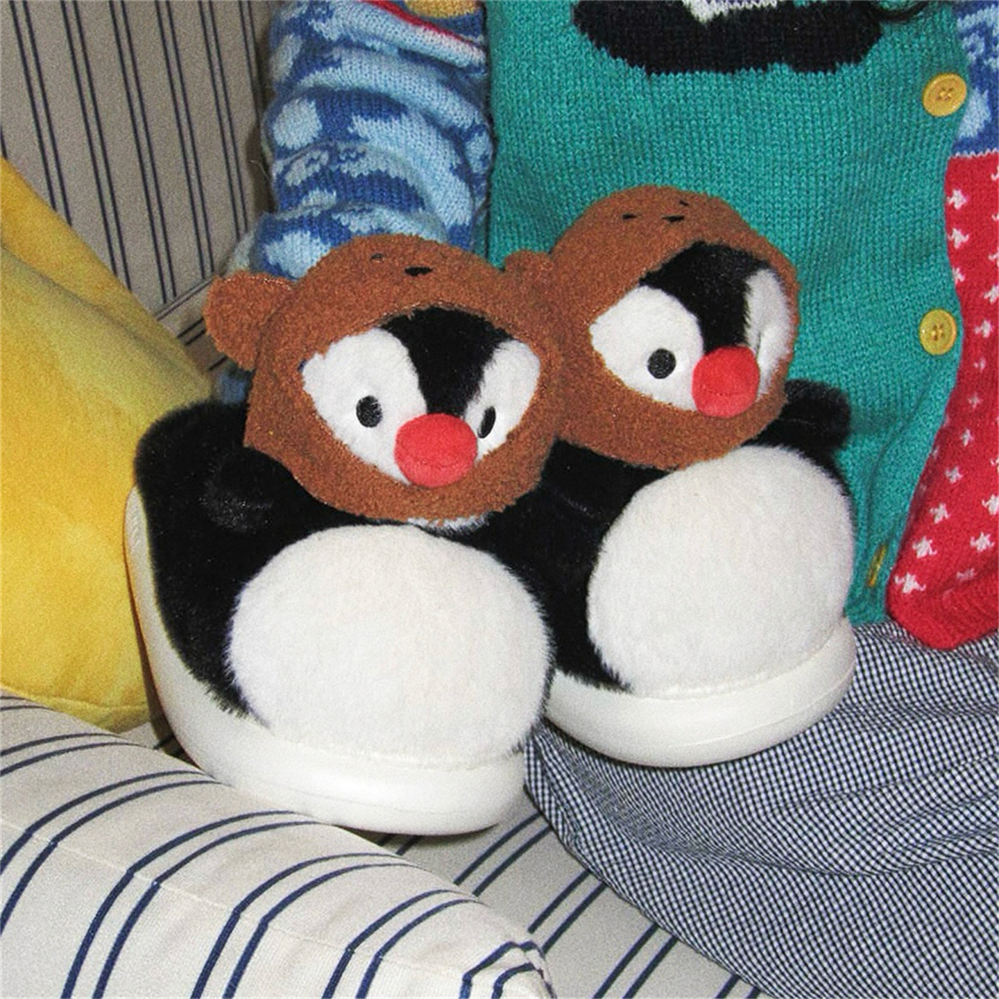 冬用家庭可爱ペンギンコットンスリッパ 女性用保温カートゥーンファー靴