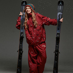 2026 スノボウェア 上下セット 犬柄 レッド 撥水加工 防寒 レディース