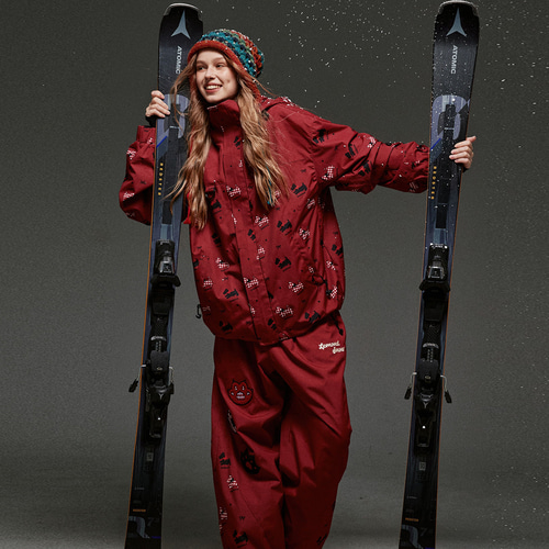 2026 スノボウェア 上下セット 犬柄 レッド 撥水加工 防寒 レディース