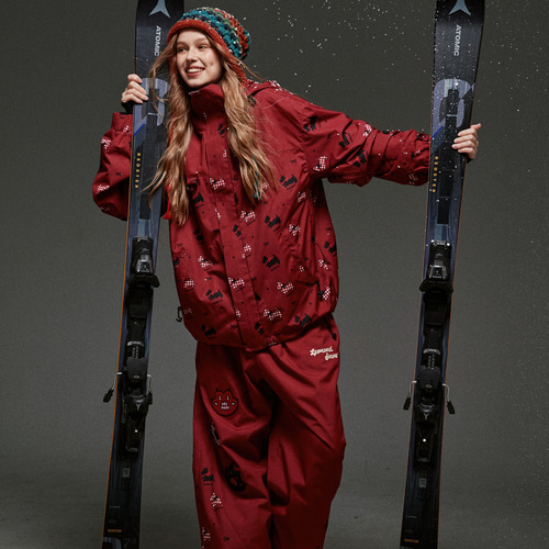 2026 スノボウェア 上下セット 犬柄 レッド 撥水加工 防寒 レディース