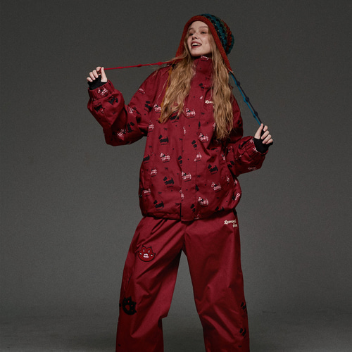 2026 スノボウェア 上下セット 犬柄 レッド 撥水加工 防寒 レディース