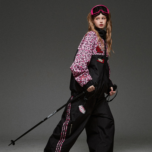 2026 スノボウェア 上下セット ヒョウ柄 ピンク黒 撥水 防寒