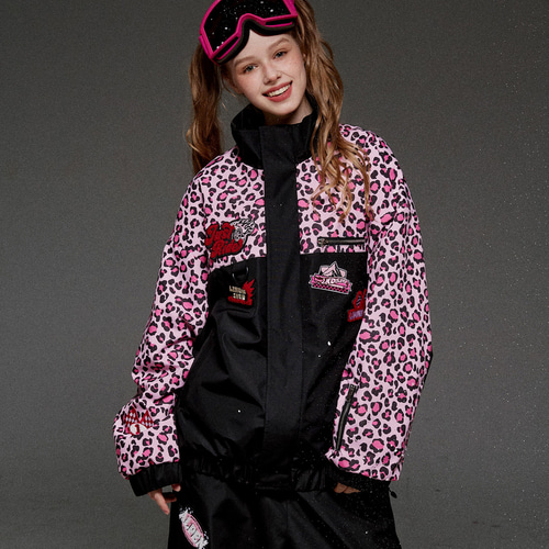2026 スノボウェア 上下セット ヒョウ柄 ピンク黒 撥水 防寒