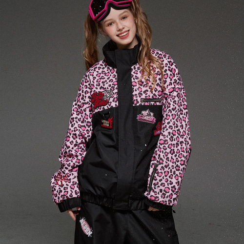 2026 スノボウェア 上下セット ヒョウ柄 ピンク黒 撥水 防寒