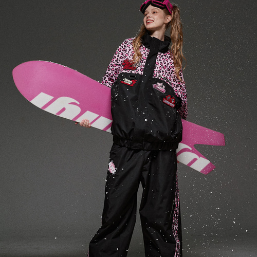 2026 スノボウェア 上下セット ヒョウ柄 ピンク黒 撥水 防寒