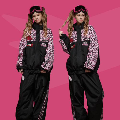 2026 スノボウェア 上下セット ヒョウ柄 ピンク黒 撥水 防寒