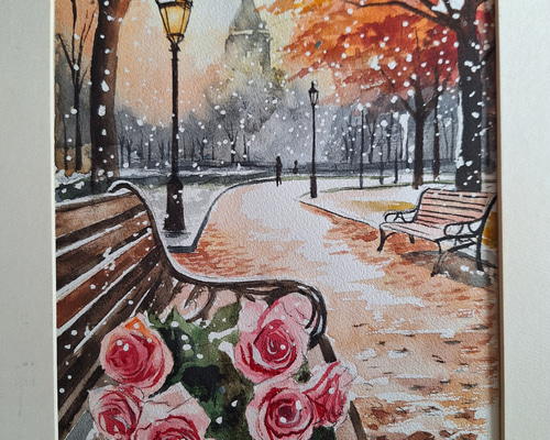 水彩画 ベンチに置かれたバラの花 絵画 makochin 通販 20258409