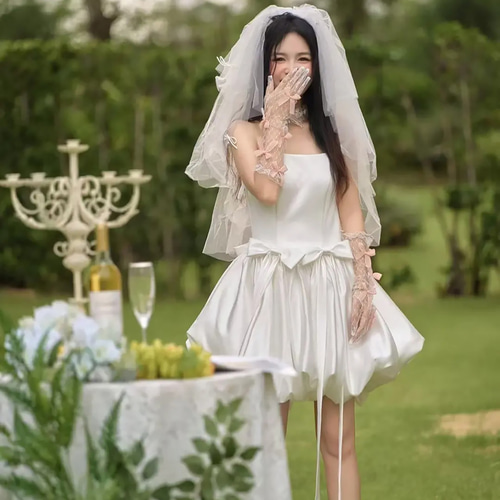 高級感 白 リボン ウェディングドレス ショート丈 プリンセス 結婚式