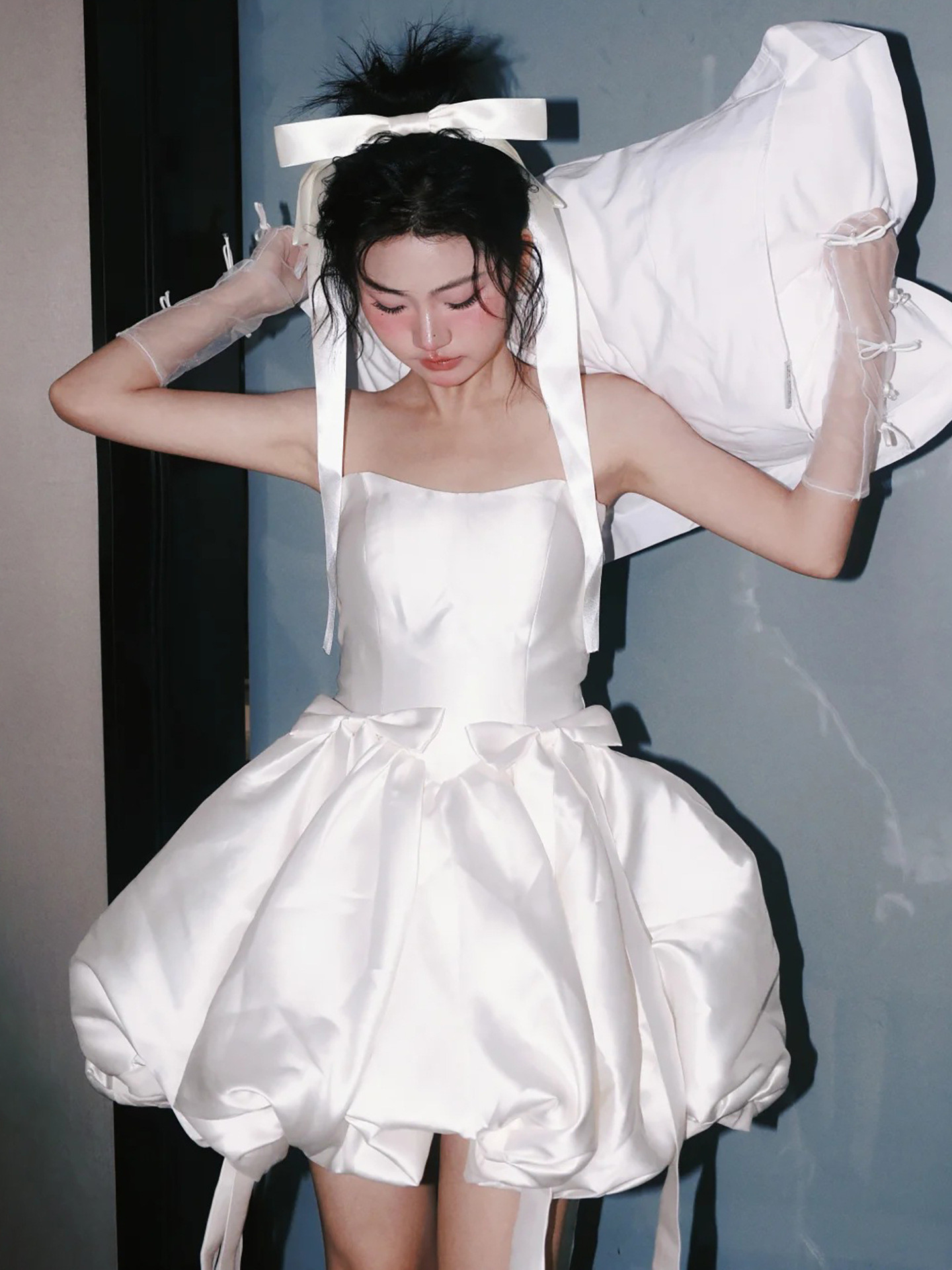 高級感 白 リボン ウェディングドレス ショート丈 プリンセス 結婚式 花嫁 パーティー 誕生日 前撮り HL994