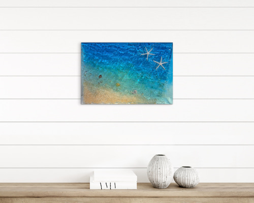 現品販売 ショートビーチスターフィッシュと青い海 波紋アートパネル