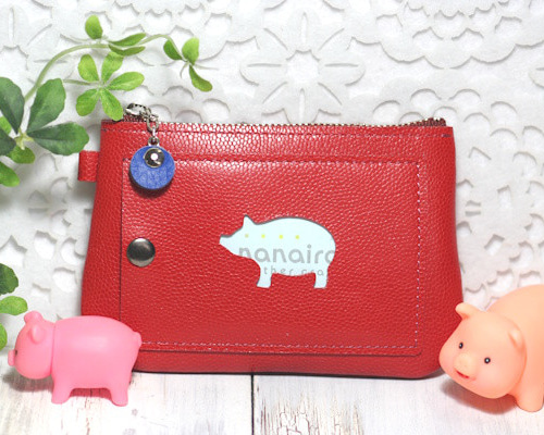 カードポケット付きポーチ（こぶた・赤・豚）パスケース・ミニ財布