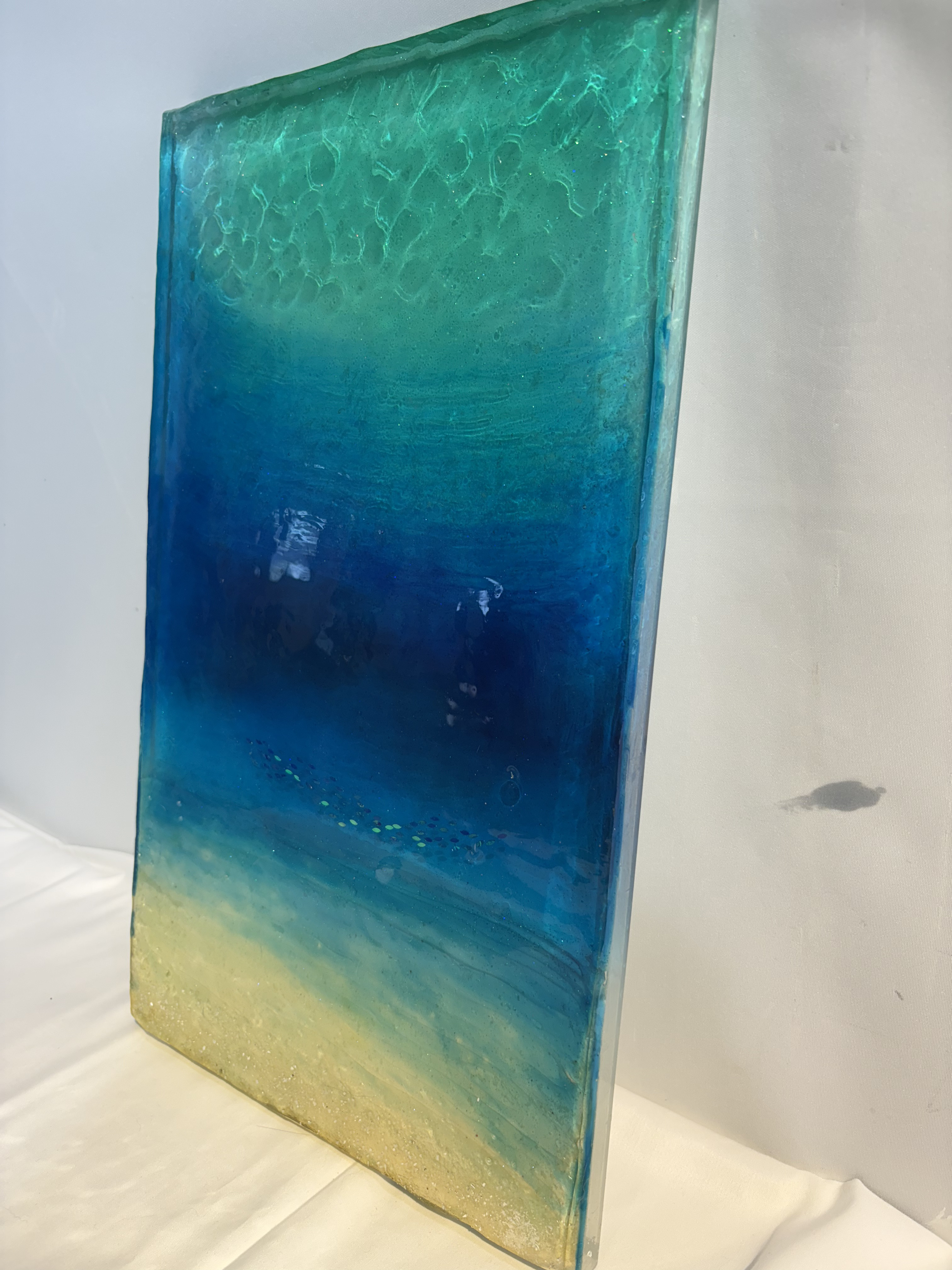 現品　即納　現画アートパネル  海の楽園　波模様のエメラルドの海と楽園　30×50cm 2.6cm