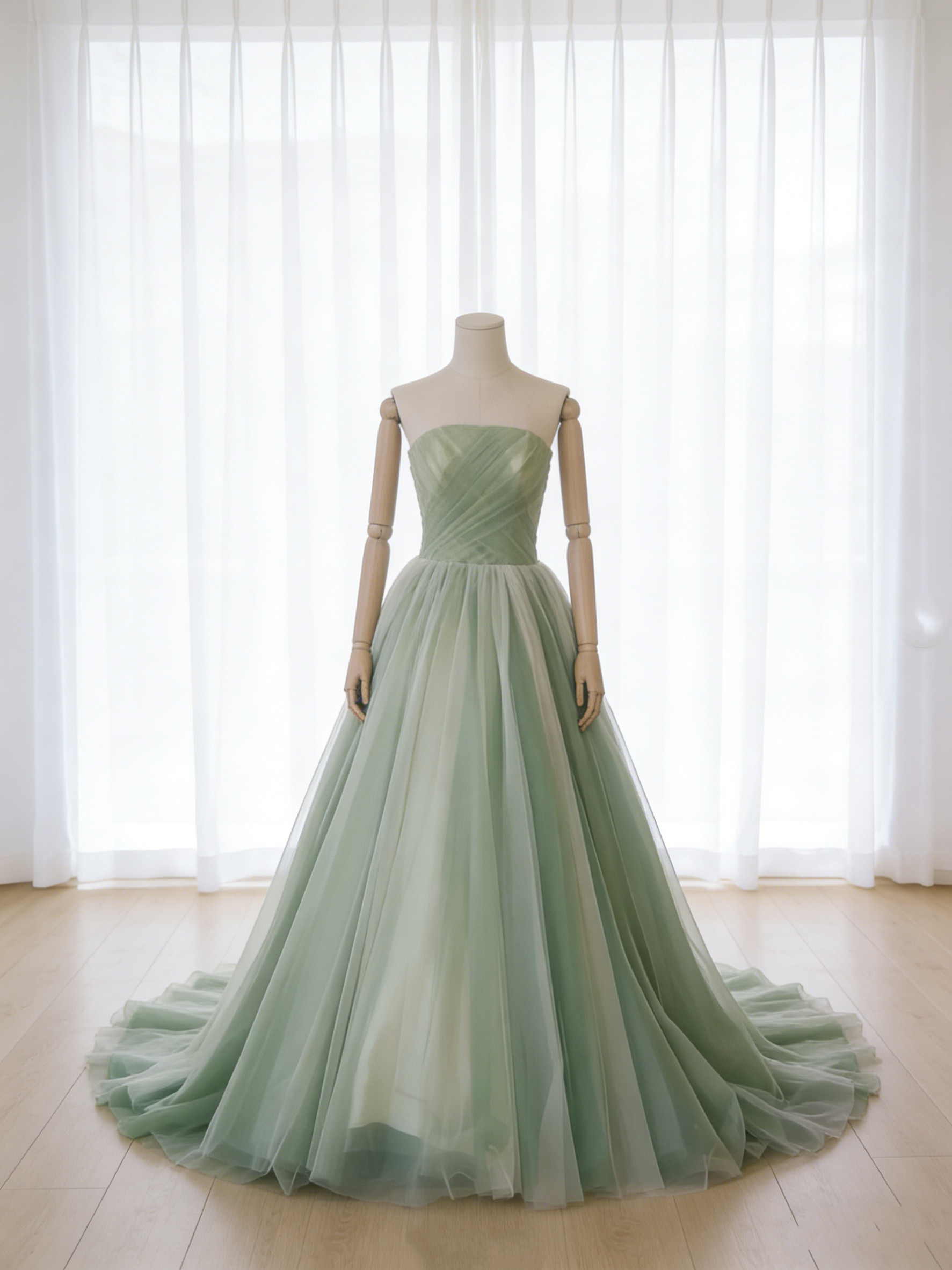 送料無料！カラードレス グリーン スレンダーライン オートクチュール 結婚式 ビスチェドレス