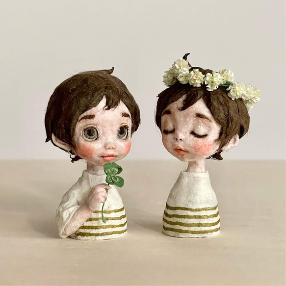 和紙人形『シロツメクサの花冠と四つ葉のクローバー』小さな幸運を運ぶミニドール(胸像)セット 6枚目の画像